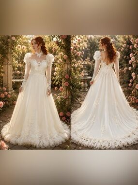 Vintage 1980 long sleeve wedding dress Ivory Lace Puff-Sleeve Bridal Gown “D13”